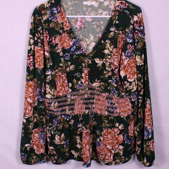 Maurices Floral Blouse XXL Green Flowers Smocked Peplum Top Boho‎ Casual Spring - Picture 1 of 4